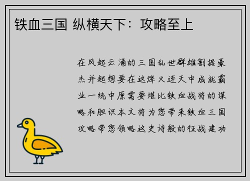 铁血三国 纵横天下：攻略至上